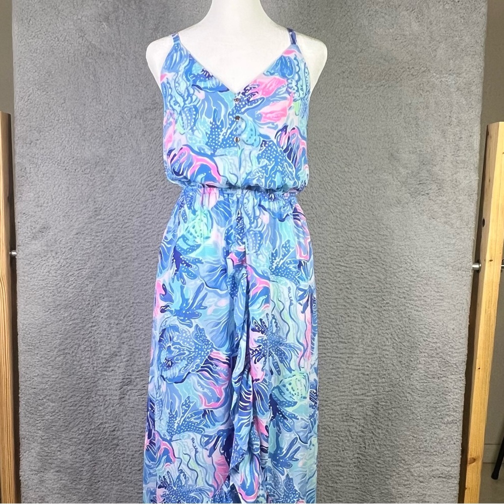 Lilly Pulitzer Dress Womens Small Blue Mareena Maxi Ruffle Blouson Ocean Party - Picture 1 of 12